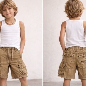 Abercrombie Kids Cargo Shorts Tan Y2K Distressed Size 8 Skater Style Khaki Baggy